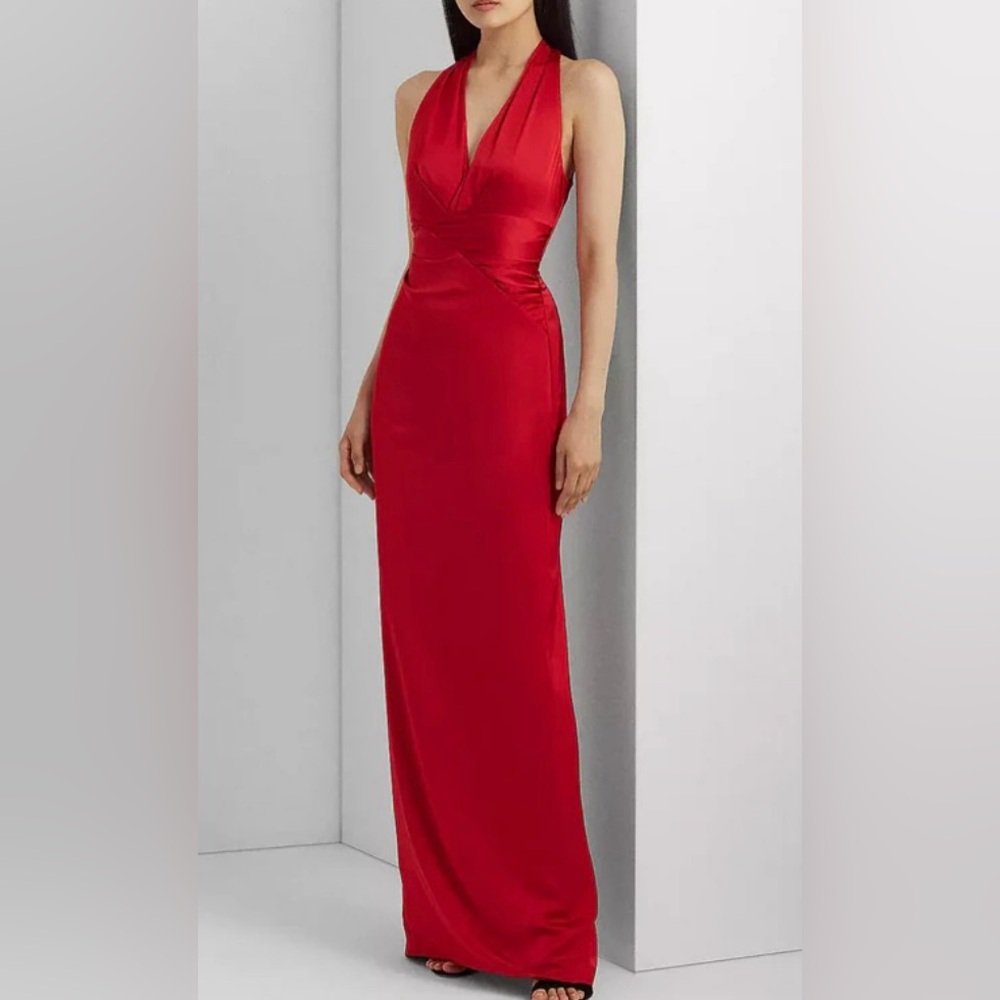 NWT, Ralph Lauren Pleated Satin Charmeuse Halter Neckline Sleeveless Gown